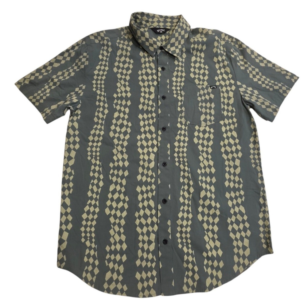 Billabong Mens Button Down Shirt Gray Cream Diamond Harlequin Large - Picture 2 of 6